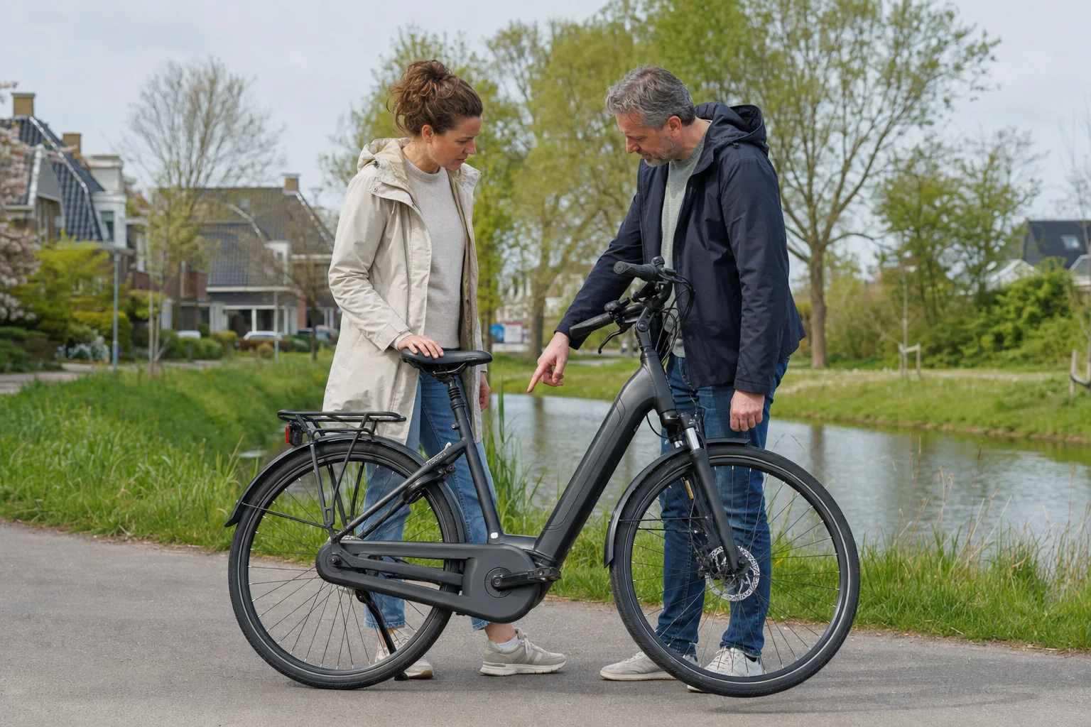 Koper en eigenaar bekijken samen een gebruikte e-bike